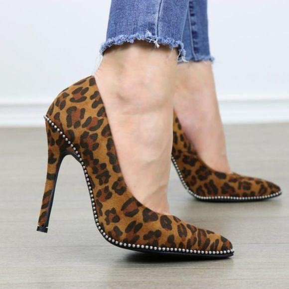 Leopard Vegan Suede High Heel Pumps With Studs - Picture 4 of 6
